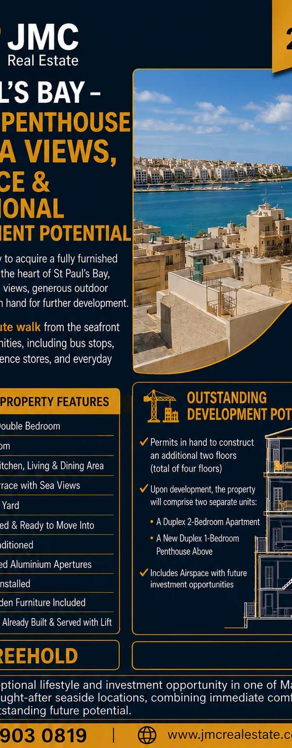 St.Paul’s Bay Duplex Penthouse with Sea Views, Airspace & Permits