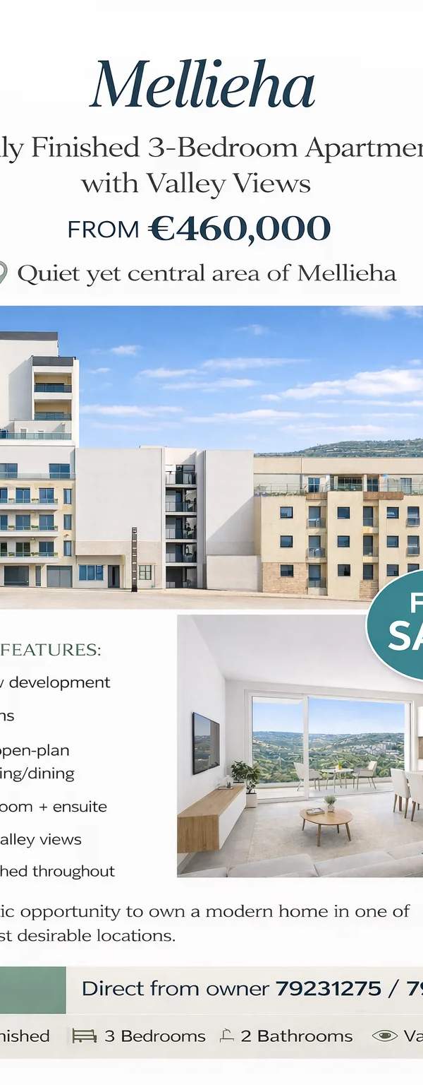 Mellieha highly finished 3 bedroom apartments with valley views